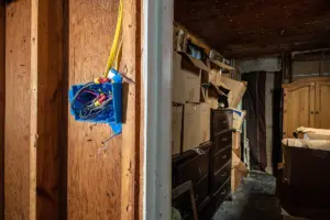 Caixa de ligação elétrica azul com fios, presa à parede de madeira de uma casa em obra