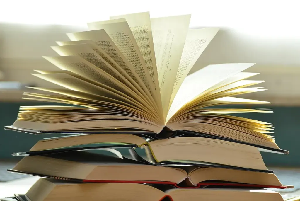 Livros empilhados com um deles aberto e as páginas em leque
