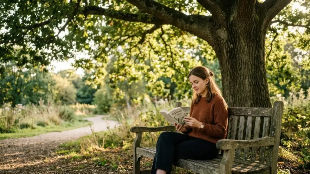 Mulher lê um livro sentada em um banco de madeira sob uma árvore, à beira de um caminho de parque